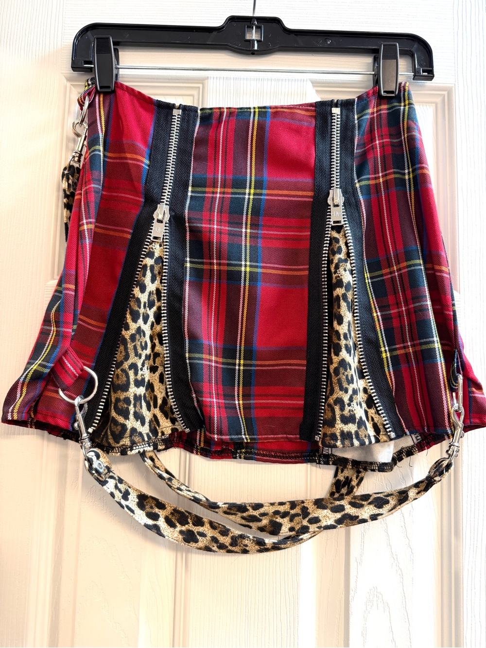 CURRENT MOOD Plaid Red Mini Skirt with Zippers & Leopard pleats